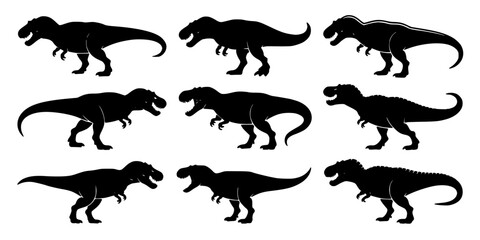 Obraz premium Tyrannosaurus Silhouette Set, Black Prehistoric Dinosaur Footprints and Body Shapes on White Background for Educational Design