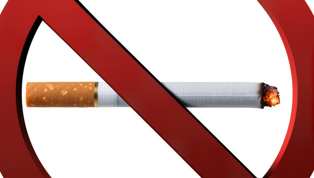 Isolated no smoking prohibition symbol over lit cigarette representing health warnings