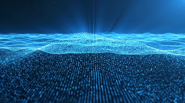 Futuristic blue digital ocean waves forming data field.