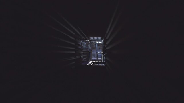 Drone perspective into metal shaft, cool blue illumination highlights exposed conduits and reflective panels, converging light rays create geometric