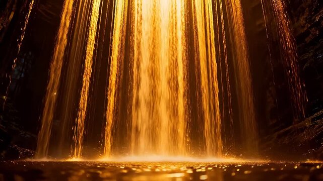 Golden waterfall flowing down with glowing water and dark background