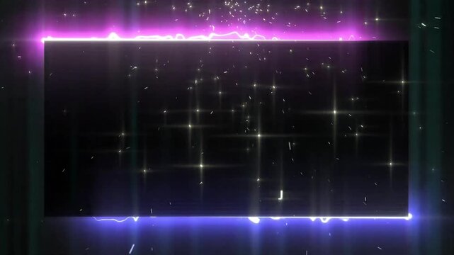 Glowing neon rectangle frame with purple blue electrical energy sparks and shining starry particles