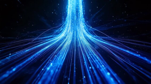 Blue light beams radiating outward from center in dark futuristic virtual space with glowing particles
