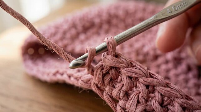Close-up of a person's hand crocheting with pink yarn and a silver hook on a wooden surface with soft natural lighting creating a warm and cozy atmosphere