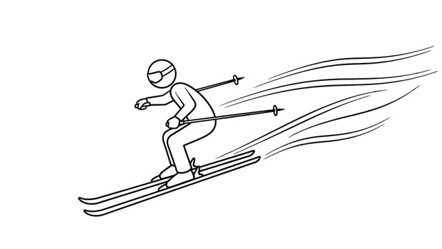 Simple line drawing of a stick figure person skiing downhill at speed, wearing goggles and holding ski poles.