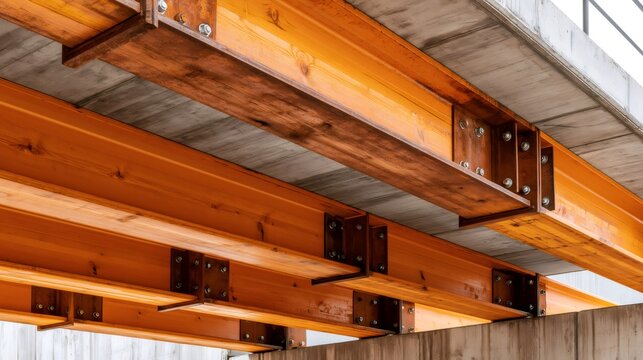 Hybrid building construction with glulam timber, concrete, steel beams