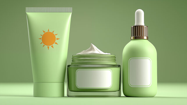 Luxury skincare cosmetic collection featuring a sunscreen tube, with sun icon, moisturizing cream jar, and serum dropper bottle. 3D render, pastel green packaging