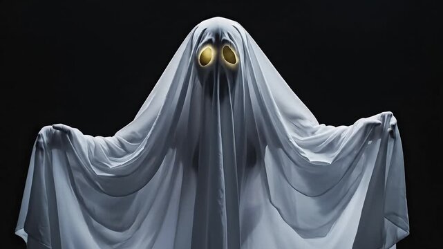 Eerie ghost costume with glowing yellow eyes looms in darkness, perfect for Halloween.