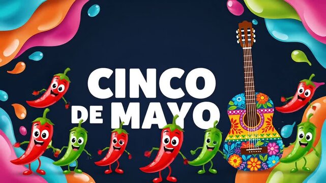 Joyful chili peppers dance around a festive guitar celebrating Cinco de Mayo with colorful splashes.