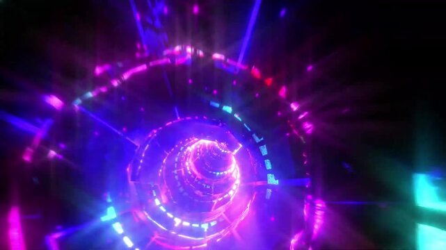 Futuristic neon cyber tunnel with glowing blue purple streaks zooming deep inside digital wormhole