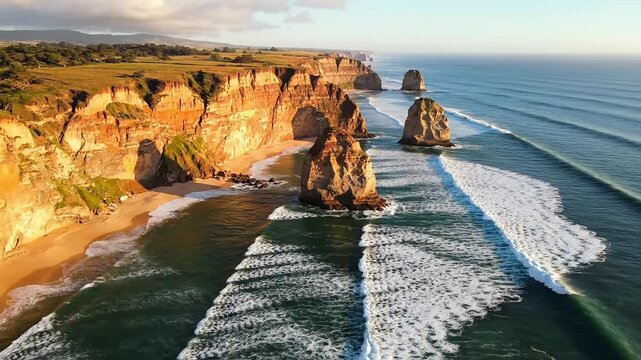 Dramatic coastal cliffs and rock stacks rise from the ocean under a warm sunset glow.
