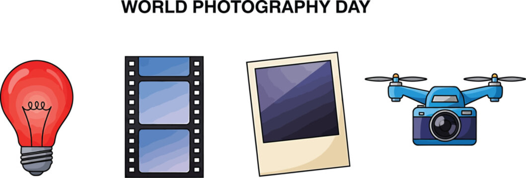 World Photography Day illustration featuring a light bulb, film strip, instant photo frame, and camera drone in vector style
