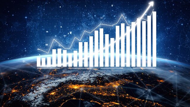 This image showcases a dynamic bar chart and ascending line graph over a nighttime view of Earth, symbolizing global economic trends and data analysis. Copula