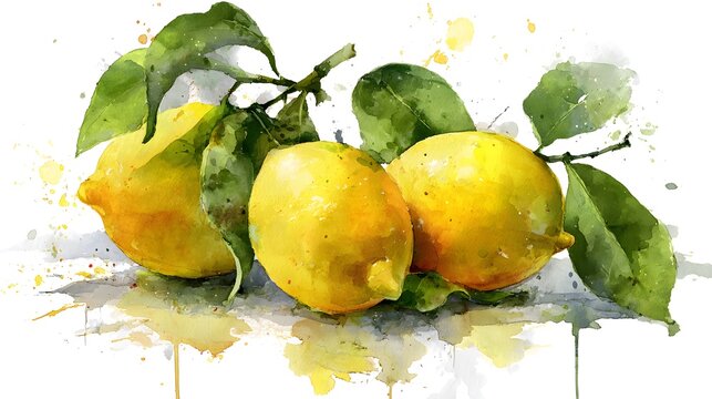 whole lemon and half a lemon, watercolor hand-drawn drawing of a fruits, isolated illustration on a white background 