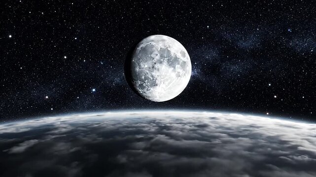 Majestic full moon shines brightly in starry night sky over planet's atmosphere