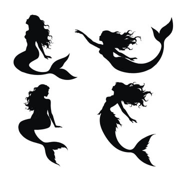 Vector black silhouettes of beautiful mermaids. Set of four mythical sea creatures with long wavy hair and fish tails posing in different positions, isolated on a white background.