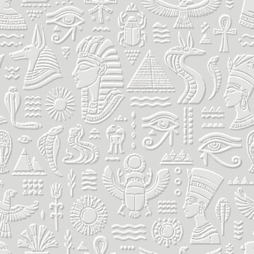 Egyptian 3D textured embossed seamless pattern. Vector light grey background with white relief Egyptian symbols, pharaoh, nefertiti, pyramids, scarab, anubis and eye of horus. Great for wallpaper.
