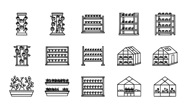 Vertical Farming Shelves, Greenhouse and Hydroponic Agriculture Line Icon Set