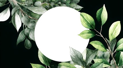Fototapeta premium Watercolor Green Branch Frame With White Circle 