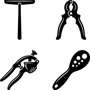 Kitchen utensil silhouette collection featuring flat squeegee glass wiper heavy metal nutcracker tool manual citrus fruit press squeezer and potato masher tool.