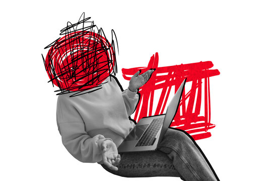 Composite photo collage of anonym girl instead head doodle dilemma challenge hold laptop device isolated on painted background