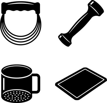 Kitchen gadget silhouette icon set comprising dough pastry blender tool metal meat tenderizer hammer tool small flour sifter mug and flat rectangular cutting board.
