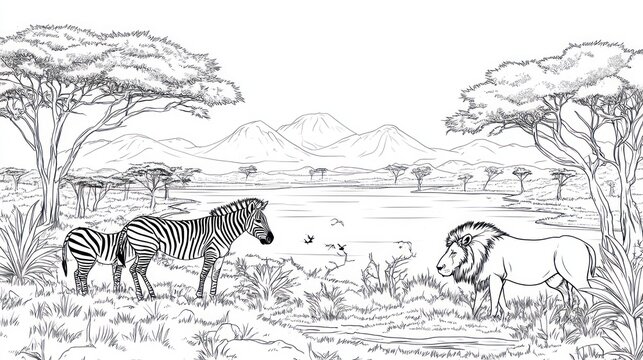 Detailed black & white safari line drawing with zebras, a lion, trees, and mountains