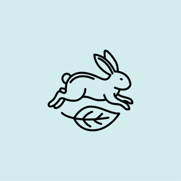 A charming line art icon of a jumping rabbit with a leaf underneath, symbolizing cruelty-free, vegan, and not tested on animals cosmetics. Great for ethical and natural beauty brands.