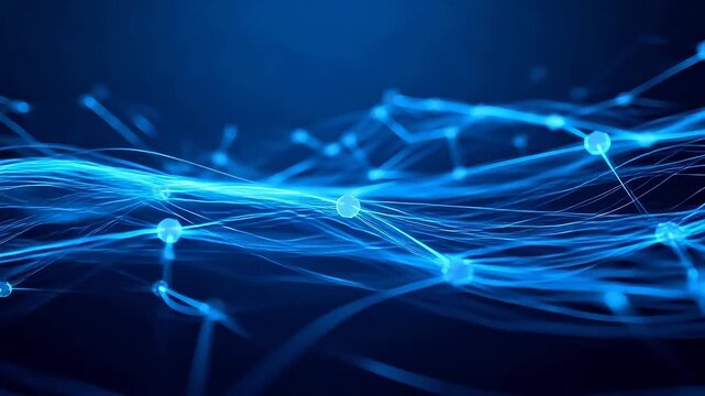 Abstract digital network with glowing blue hexagons and data flow lines in deep perspective