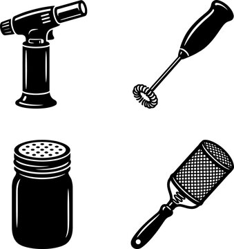 kitchen blow torch with milk frother, spice shaker, and food masher vector set for restaurant and culinary utensil designs.