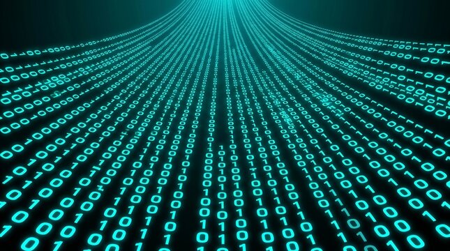 Glowing blue binary code streams flowing forward in a perspective view representing high speed data transmission and digital information processing