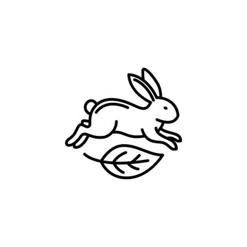 A charming line art icon of a jumping rabbit with a leaf underneath, symbolizing cruelty-free, vegan, and not tested on animals cosmetics. Great for ethical and natural beauty brands.