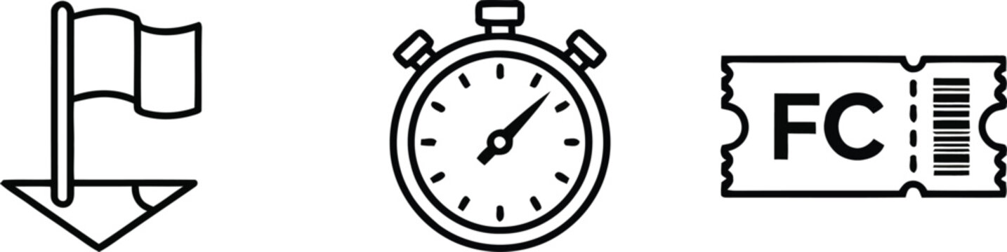 Race event icons flag stopwatch and first class ticket line art