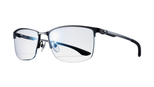 Isolated stylish men's semi-rimless progressive eyeglasses with dark frames and clear lenses.