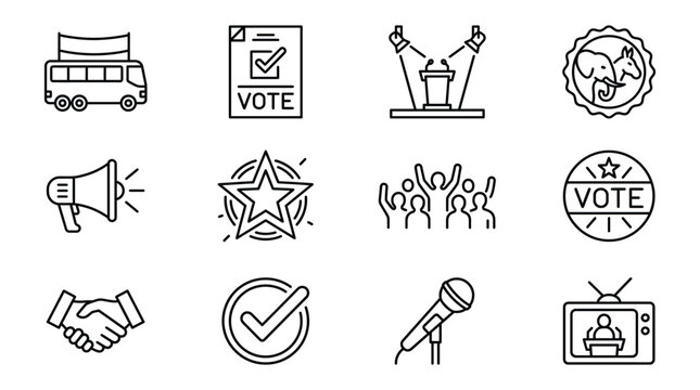 Set of election and voting line icons, including campaign bus, ballot paper, podium, political parties, megaphone, star, crowd, vote badge, handshake, check mark, microphone, and televised debate