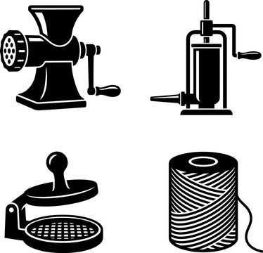 Set of mechanical kitchen appliances for food processing and preparation including meat grinder sausage stuffer waffle maker and meat press for home use.