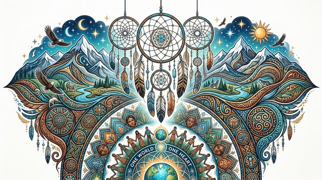 Native american inspired dreamcatcher artwork with unity and nature themes