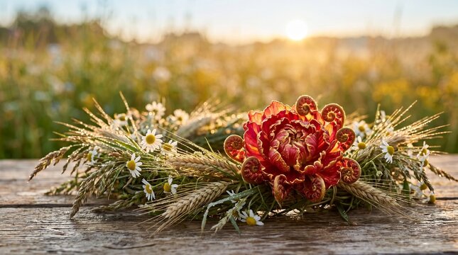 Midsummer Floral Wreath resting on wooden planks in a sunlit field. Ideal for pagan holiday celebrations, nature folklore blogs, and seasonal designs.