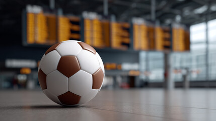 Soccer ball on smooth surface at airport terminal with departure board in background