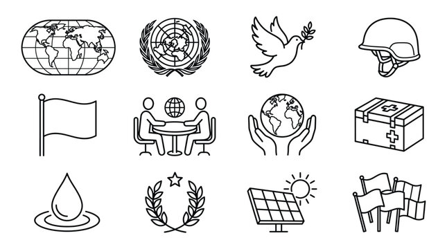 Set of international relations and global cooperation icons, including world map, united nations logo, peace dove, military helmet, diplomacy, humanitarian aid, water, solar energy, and flags