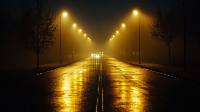 Dark empty road at night with glowing street lights reflecting on wet asphalt creating cinematic perspective and moody atmosphere urban scene with symmetry depth dramatic lighting outdoors nightmare