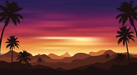 Fototapeta premium Flat desert sunset landscape with palm silhouettes, layered mountains, glowing horizon, and dramatic purple orange sky for travel posters, tourism banners, wall art, wallpapers, and backgrounds.