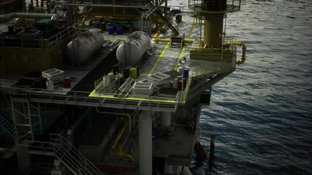 Detailed oil rig deck at dusk, maintenance staging with piping, safety rails, wet steel surfaces, moody low light, calm sea and industrial textures