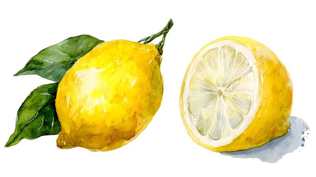 whole lemon and half a lemon, watercolor hand-drawn drawing of a fruits, isolated illustration on a white background 