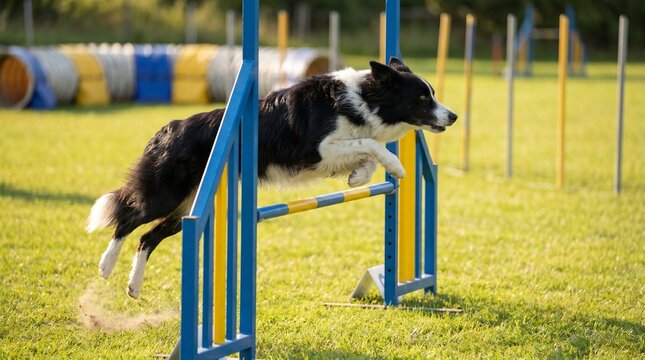An energetic black and white border collie jumps gracefully over a blue and yellow hurdle during an outdoor agility competition