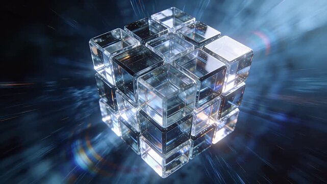 Transparent glass cubes stacked in three dimensional structure with dark background