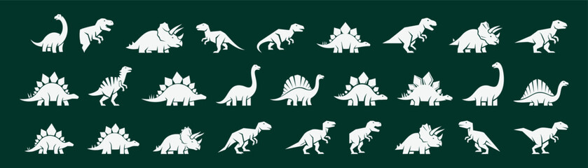 Collection of white dinosaur silhouettes on a dark green background, featuring varied prehistoric species for kids education, science themes, stickers, icons, posters, and decorative design projects. © Infinity Focus