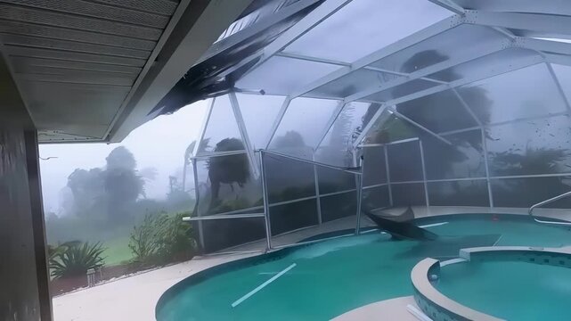 Hurricane-force winds blowing and destroying an indoor swimming pool inside a home. A natural disaster resulting from extreme weather and climate change.
