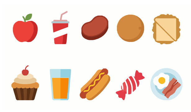 Modern Food and Beverage Icon Vector Collection with Snack and Drink Symbols