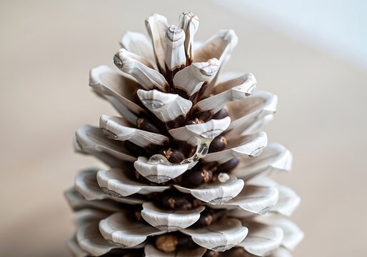 A single brown pine cone standing upright close up